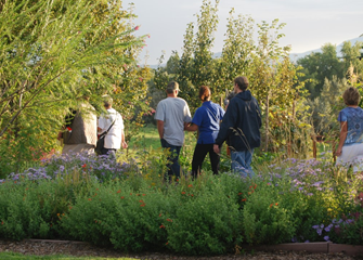 A group of people walking through a garden.